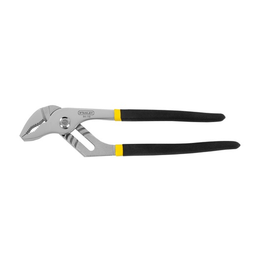 STANLEY 84-110 adjustable groove joint pliers with black handles, side view on white background.