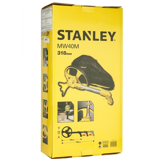 Photo of STANLEY 1-77-174 MW40M measuring wheel box, yellow packaging with product images and specifications.