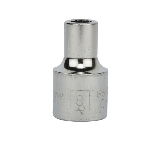 STANLEY 1-86-540 socket, chrome finish, 8mm size, front angle, tool photography.
