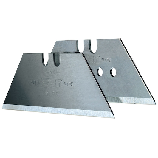 STANLEY 11-921 utility knife replacement blades, silver, photography on white background, two angled blades shown.