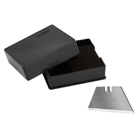 STANLEY 11-921 utility knife blades in black storage box, single blade displayed, product photography, angled view.