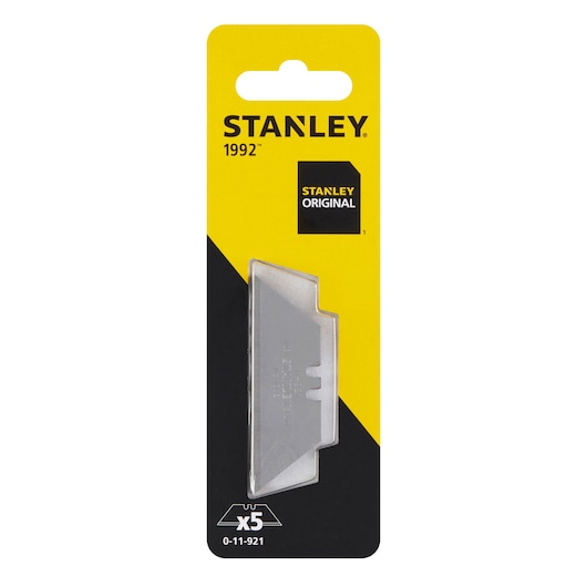 Stanley 11-921 utility blades pack, photography of five silver blades in yellow and black packaging, front angle.