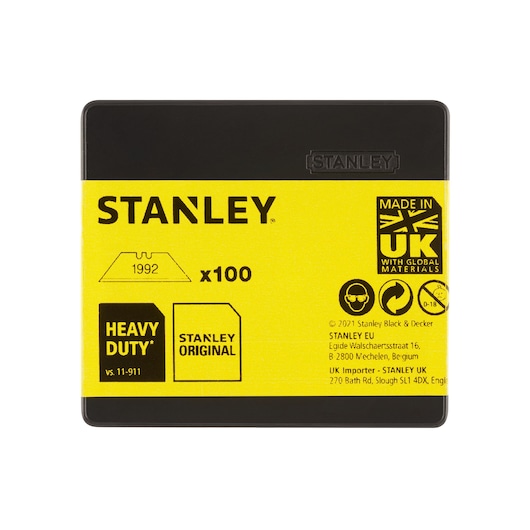 STANLEY 11-921 heavy duty utility blades pack, yellow and black box, front angle, contains 100 blades.