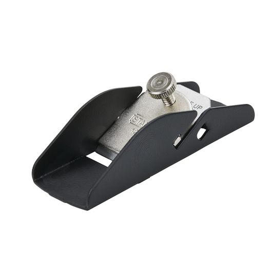 STANLEY block plane with metal body, side angle view, black and silver finish, white background