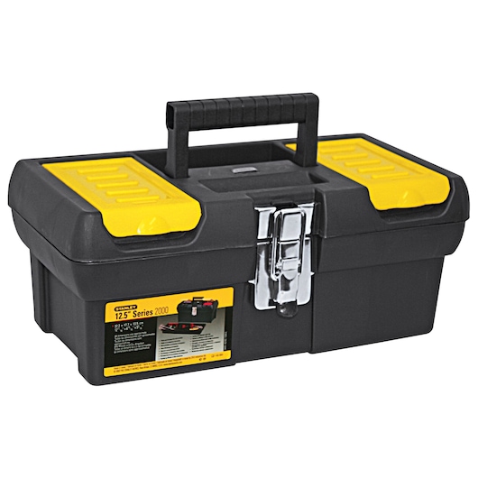 STANLEY 13-013 plastic toolbox with black body, yellow lids, top handle, and front metal latch, angled view.