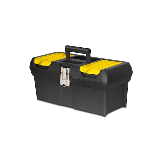 STANLEY 13-013 black and yellow toolbox with metal latch, angled on white background.
