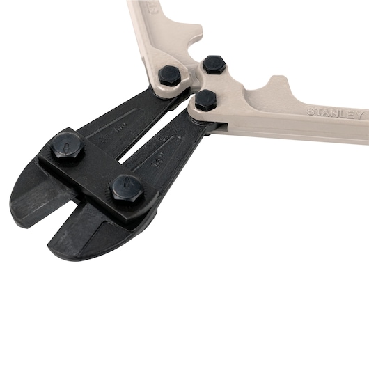 STANLEY 14-375 bolt cutter, close-up on cutting jaws, black and silver color, white background.