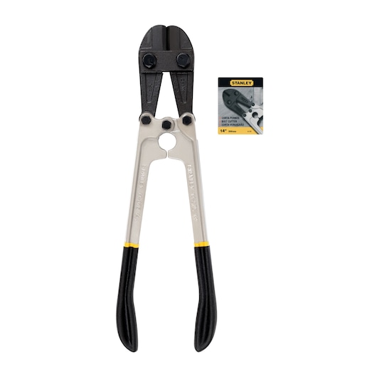 STANLEY 14-375 bolt cutter with silver handles, black grips, and a black cutting head, front view on white background.