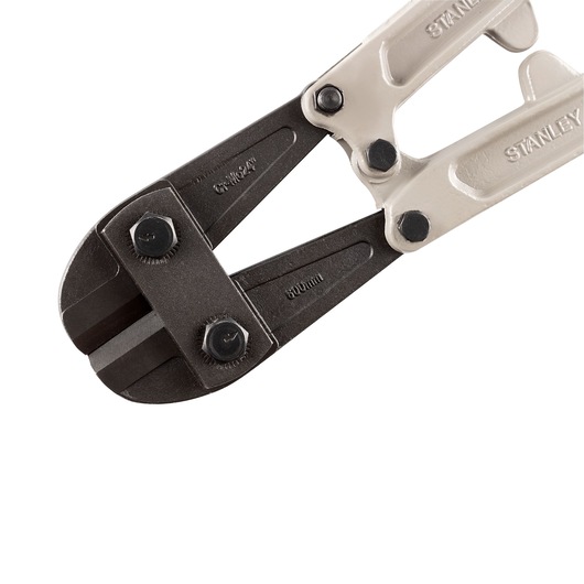 STANLEY 14-377 bolt cutter with black jaws and silver handles, close-up angle on white background.
