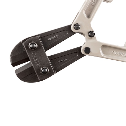 STANLEY 14-377 bolt cutter close-up, black jaws and silver handles, photography on white background.