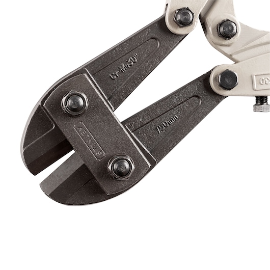 STANLEY 14-378 bolt cutter close-up, black blades and silver joints, product photography on white background.
