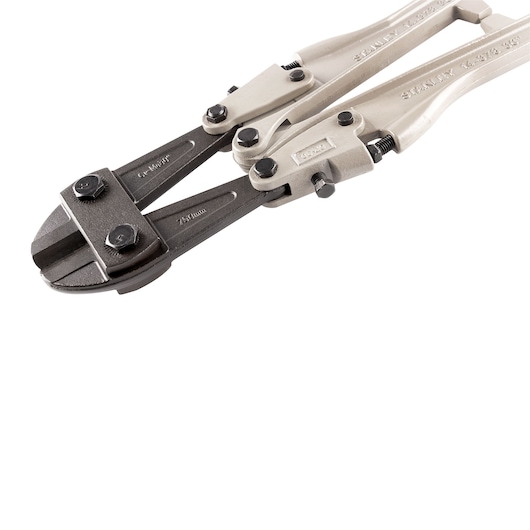 Photo of STANLEY 14-378 bolt cutter with silver handles and black cutting jaws, angled on white background.
