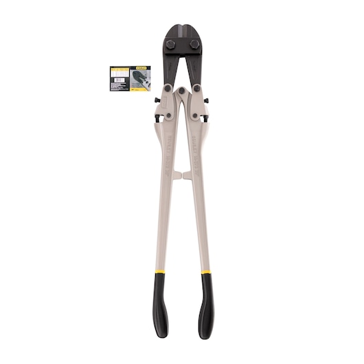 STANLEY 14-378 bolt cutter with silver handles, black jaws, and black grip ends, front angle on white background.