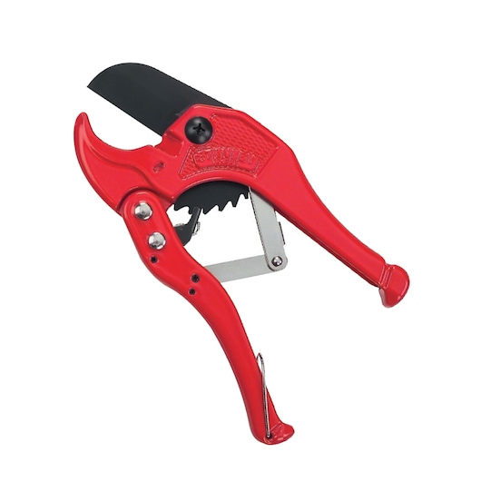 STANLEY 14-442 red plastic pipe cutter with black blade, side angle on white background.