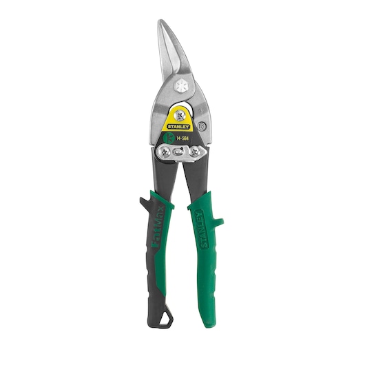 Stanley left-cut aviation snips with green and black handles, front angle on white background