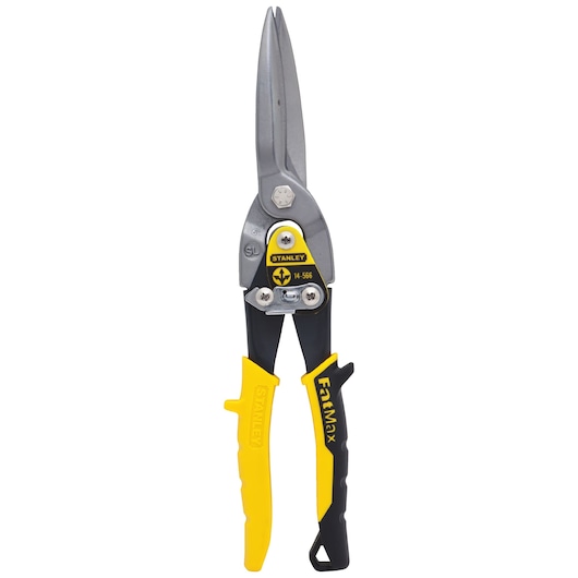 STANLEY 14-566 aviation snips with yellow and black FatMax handles, front angle on white background.