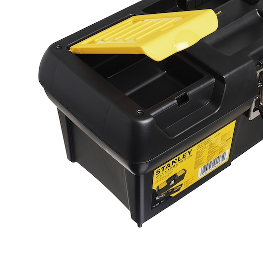 STANLEY 16-013 black and yellow toolbox with open removable tray, side angle on white background.