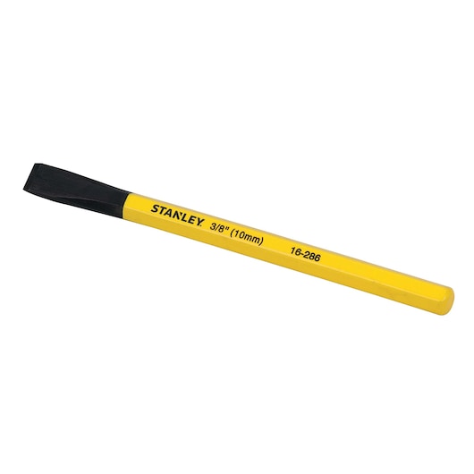 STANLEY 16-286 yellow and black cold chisel, photography, angled view on white background.
