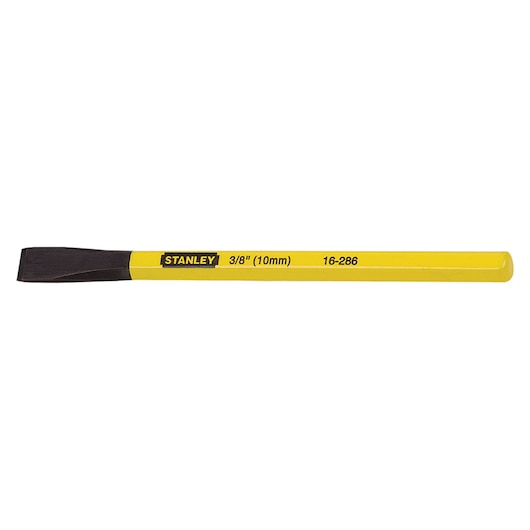 Stanley 16-286 yellow steel chisel, 3/8 inch size, side angle on white background.