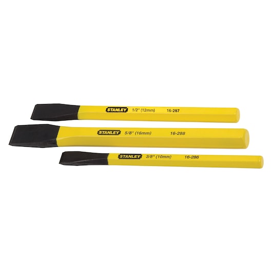 Stanley 16-298 photography of three yellow steel cold chisels, side angle, with black cutting ends.