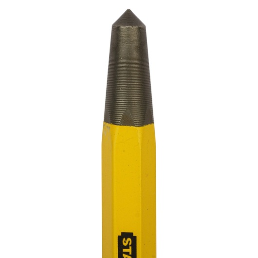 Close-up image of a Stanley branded yellow center punch tool with a pointed, metallic tip.