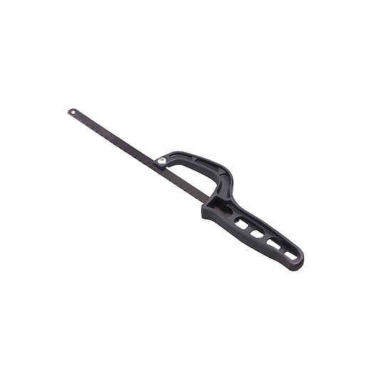 Stanley hacksaw with black ergonomic handle, side view, isolated on white background