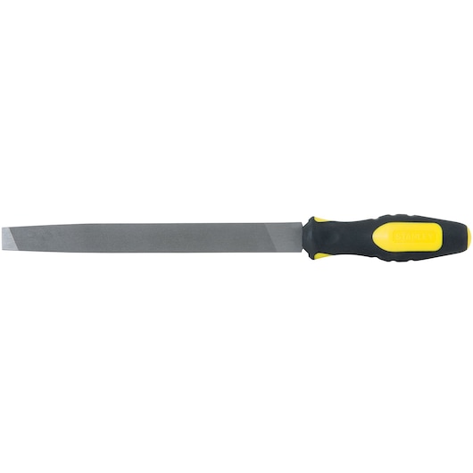 Stanley flat file with black and yellow ergonomic handle, side angle, white background