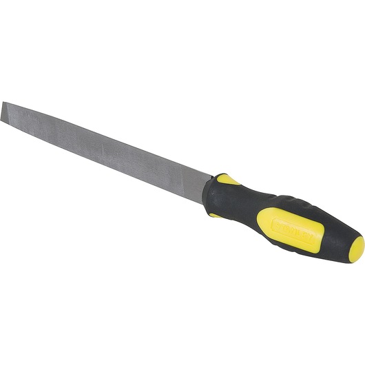 STANLEY 21-106 hand file with black and yellow ergonomic handle, photography on white background.