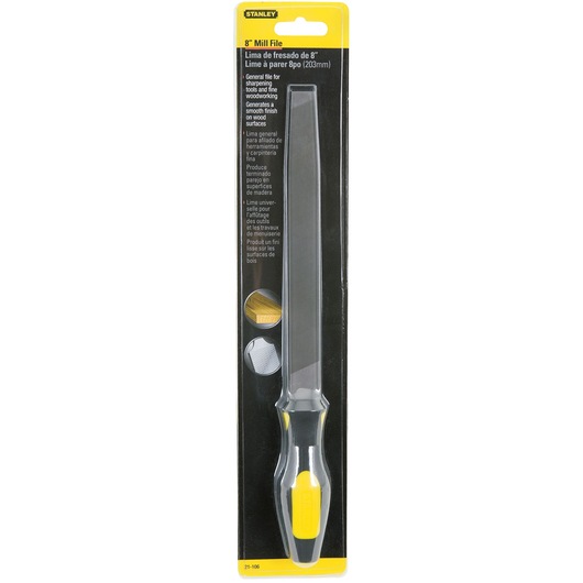 Stanley 8-inch mill file SKU 21-106 with yellow and black handle, front angle, in retail packaging.