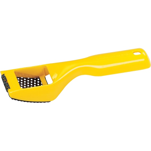 Stanley 21-115 surform shaver with yellow handle, angled side view, shown on white background