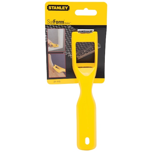 STANLEY Surform shaver, SKU 21-115, yellow plastic body, front view on white background in retail packaging.