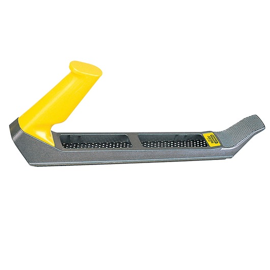 Photo of STANLEY 21-296 rasp tool with yellow handle, metal body, side angle, product category photography.