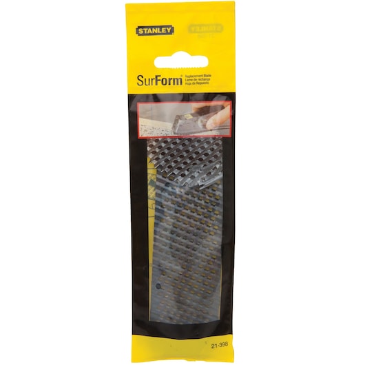 STANLEY 21-398 Surform replacement blade in retail packaging, front angle on white background.