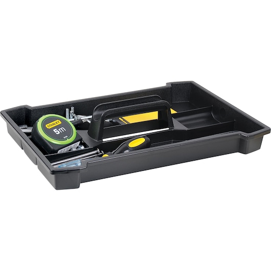 STANLEY 22-080 black tool tray with handle, tape measure and assorted hardware, side angle photo.