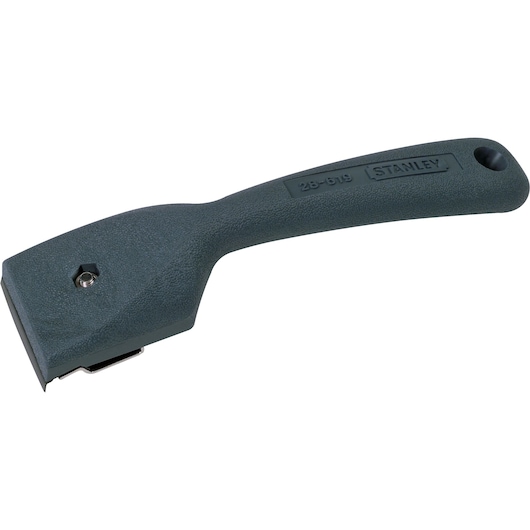 Stanley 28-619 durable hand scraper with black textured handle, side angle on white background.