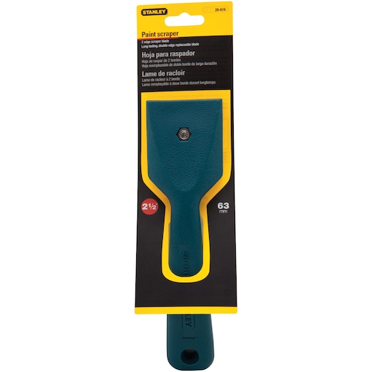 STANLEY 28-619 paint scraper, teal handle, front view, packaged, 63mm blade.