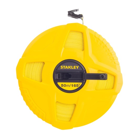 STANLEY 34-263 measuring tape reel, yellow plastic case, 50m/165ft, top view on white background.