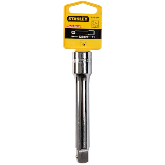 STANLEY 4-86-407 chrome socket extension bar, 125 mm, 1/2 inch drive, front view on white background.