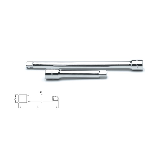 STANLEY 4-86-408 chrome extension bars, set of two, with side view and technical drawing for length and width details.
