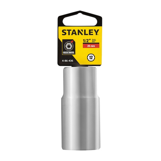 STANLEY 4-86-436 28mm 1/2 inch drive socket, chrome finish, product front view on white background.