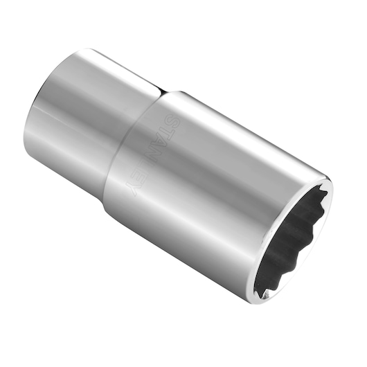 Photo of STANLEY 4-86-438 chrome socket, 12-point design, angled view on white background, automotive hand tool.