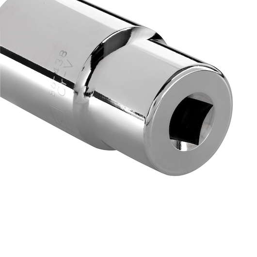 STANLEY 4-86-438 chrome socket, close-up angle on white background, automotive tool accessory.