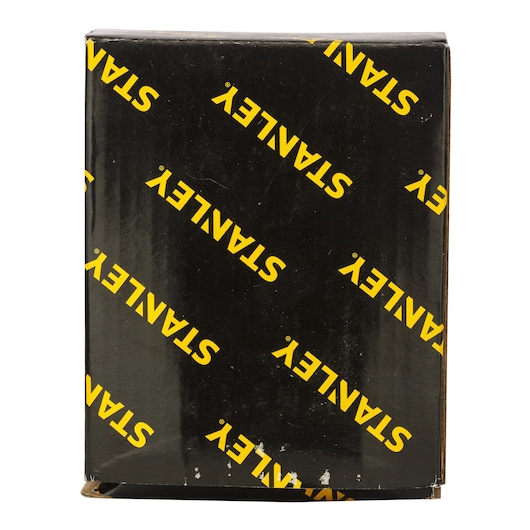 Photo of STANLEY 4-86-438 product box, black with repeated yellow STANLEY logo, front angle, photography category.