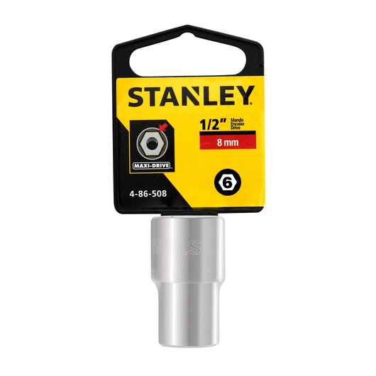 STANLEY 4-86-508 8mm socket, chrome finish, shown upright in packaging, product photography on white background.