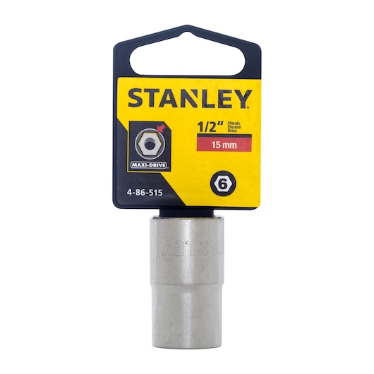 Stanley 4-86-515 15mm socket with Maxi-Drive branding, photographed from the front on white background.
