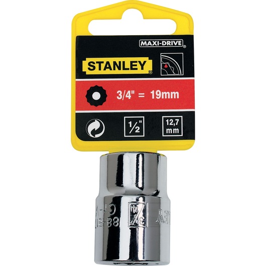 STANLEY 4-86-544 socket 12mm chrome finish front angle with yellow packaging.