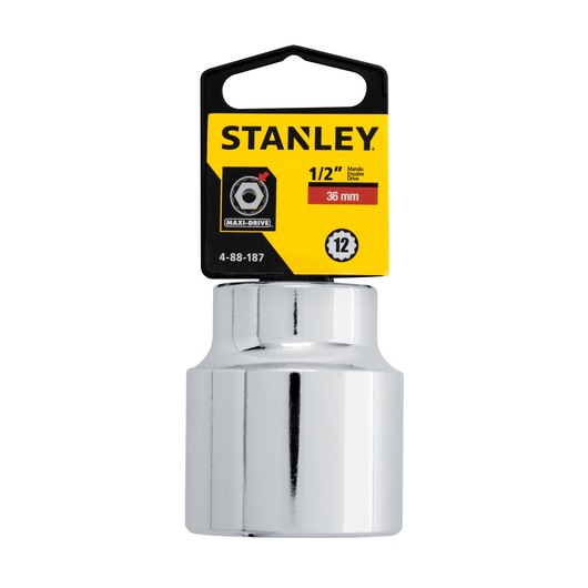STANLEY 4-88-187 1/2 inch drive 36mm chrome socket, product photo front view, packaging with yellow label.
