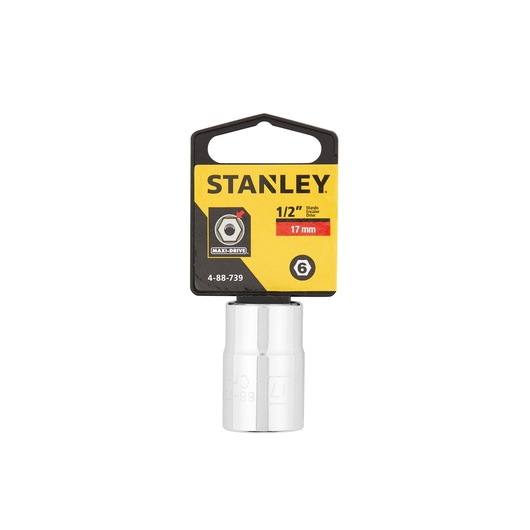 STANLEY 4-88-739 17mm 1/2 inch drive socket, chrome finish, product on white background, front angle.