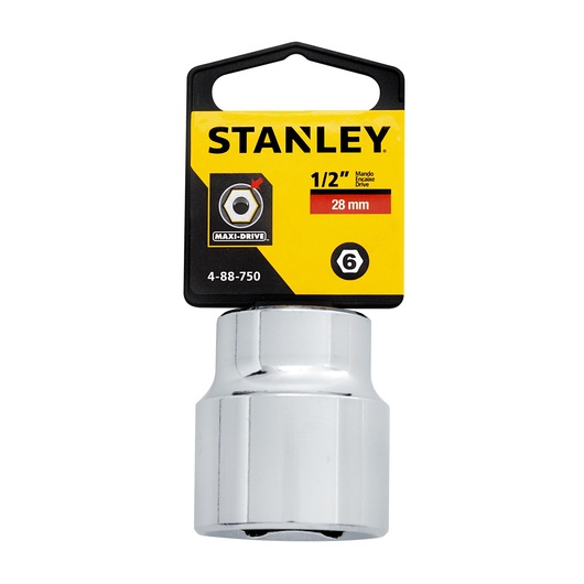 STANLEY 4-88-750 28mm 1/2 inch drive socket, chrome finish, tool category, front angle on white background.