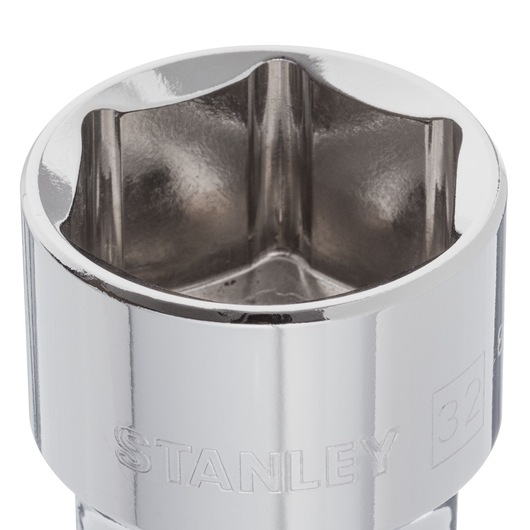 STANLEY 4-88-753 chrome socket, close-up angle on white background, showing six-point interior design.